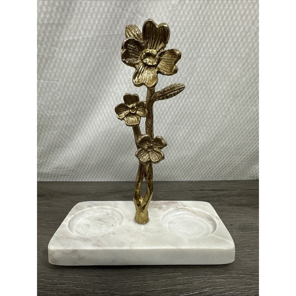 Gold Flower necklace trinket Dish Marble Base Holder Vanity Decor Gold Cast Gray